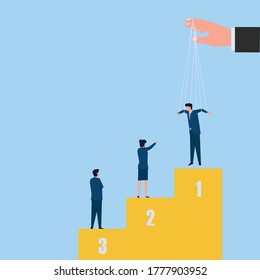 Man fall from above and land on first place metaphor of bribery. Business flat vector concept illustration.