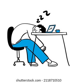 man fall asleep at office doodle, hand drawn people illustration