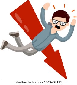 Man fall down. frightened guy in distress. Flying and crashing from a height. Problem and failure. Cartoon flat illustration. Red arrow