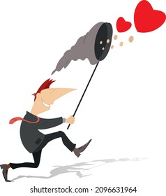Man fall in love concept illustration
Smiling man catches heart symbols by butterfly net on white background
