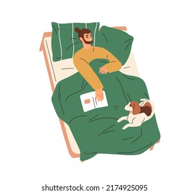 Man Fallen Asleep In Bed After Reading Book. Sleeping Person Lying With Dog On Blanket. Guy Dreaming With Cute Doggy. Pet Owner And Home Animal. Flat Vector Illustration Isolated On White Background