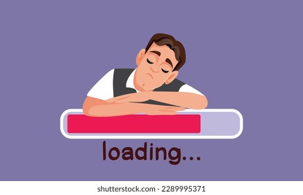 
Man Falling Asleep Wartet auf die Webseite, um Vektorfunny Illustration laden. Funny Wi-Fi-Problem-Konzept-Bild mit einem Kerl einschlafen 

