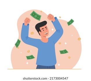 Man with falling banknotes. Character celebrates success, winning lottery online. Financial literacy and passive income, wealthy entrepreneur or businessman. Cartoon flat vector illustration