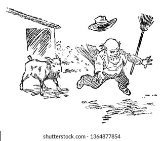 A man falling down after a sheep knocked him, vintage line drawing or engraving illustration