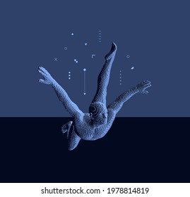 Man falling down. Men floating and hovering in the air. Voxel art. 3D vector illustration.