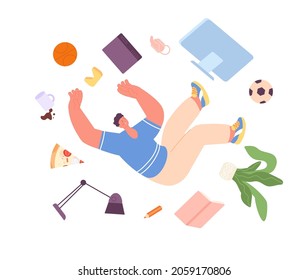 Man falling down. Office guy accident, person doing error in work. Life crisis, failure or problems. Male flying with laptop, business fall utter vector concept