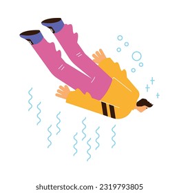 Man falling down, swimming or floating underwater, flat vector illustration isolated on white background. Concepts of freedom, freefall, dreams and fantasy.