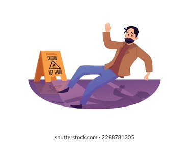 Man falling in front of wet floor caution sign, flat vector illustration isolated on white background. Careless person slipping on wet floor. Concepts of safety and precaution.