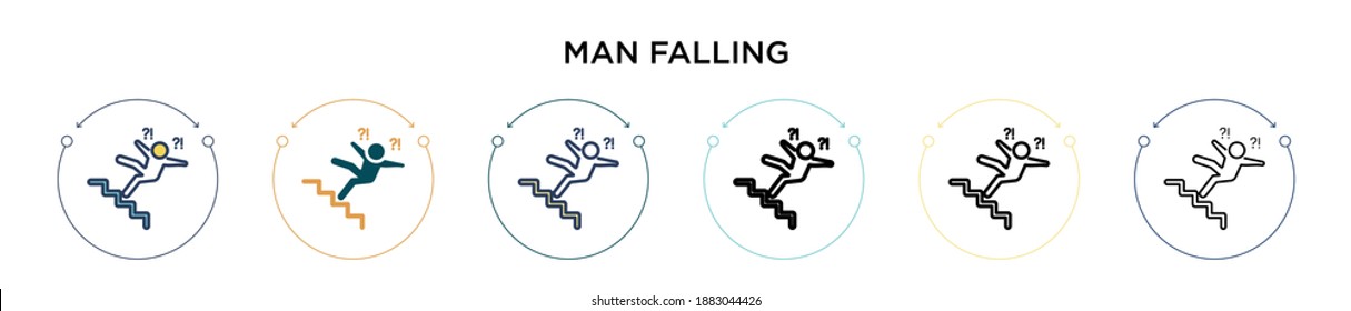 Man falling icon in filled, thin line, outline and stroke style. Vector illustration of two colored and black man falling vector icons designs can be used for mobile, ui, web