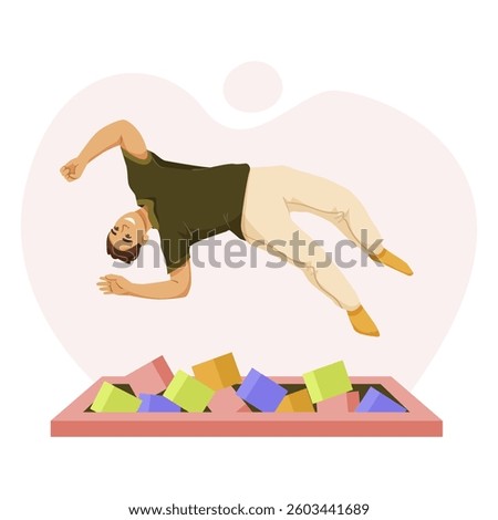 Man falling into foam pit while performing acrobatic jump. Vector illustration