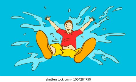 The Man Falling Into The Water With Splash. Cartoon Color Vector Sketch.