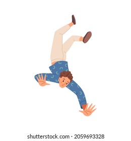 Man falling isolated frightened unhappy person in emotional stress fall, hazard or accident, flat cartoon character. Vector failure of sad unhappy guy, alone scared male jumping down
