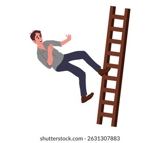 Um homem que cai de uma escada, representando um acidente súbito e a importância das medidas de segurança.