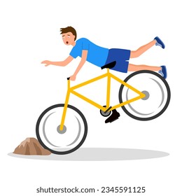 Man falling off bike in flat design on white background. Bicycle accident.