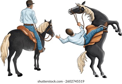 A man falling off a horse and a man sitting on a horse