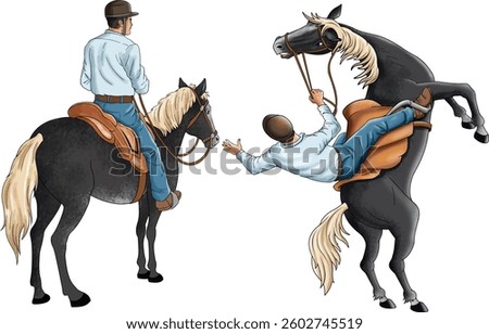 A man falling off a horse and a man sitting on a horse