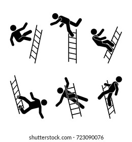 Man falling off a ladder stick figure pictogram. Different positions of flying person icon set symbol posture on white