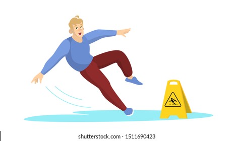 Man falling on the wet floor. Caution sign, warning slippery floor. Injury and accident. Isolated vector illustration in cartoon style