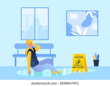 Hombre cayendo en el suelo húmedo. Señal de precaución, suelo resbaladizo de advertencia. Lesiones y accidentes. Dibujo vectorial plano de caricatura con carácter ficticio aislado en fondo blanco