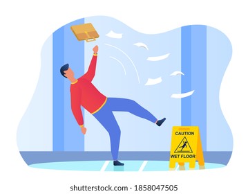 Man falling on the wet floor. Caution sign, warning slippery floor. Injury and accident. Cartoon flat vector illustration with fictional character isolated on white background