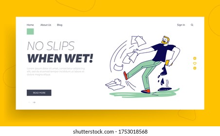 Man Falling in Puddle Landing Page Template. Male Character Slipping on Wet Floor Pouring Coffee and Scatter Documents. Dangerous Trauma, Danger Accident, Slip and Stumble. Linear Vector Illustration