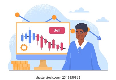 Man with falling quotes concept. Young guy on background of graphs and charts, infographics. Financial literacy and passive income. Economy and trading. Cartoon flat vector illustration