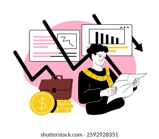 Man with falling ratings. Young guy near falling charts and graphs. Financial crisis, recession and inflation. Businessman with bankruptcy. Economic collapse. Linear vector illustration