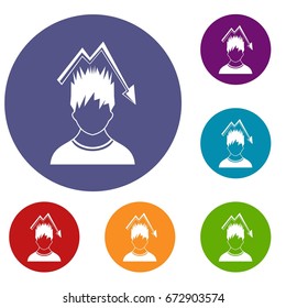Man with falling red graph over head icons set in flat circle reb, blue and green color for web