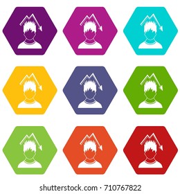 Man with falling red graph over head icon set many color hexahedron isolated on white vector illustration