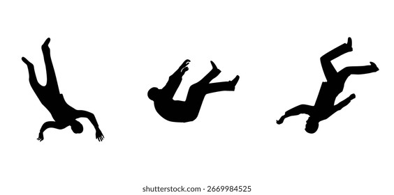 Hombre que cae de la silueta diferentes posiciones aisladas en blanco. Personas y accidentes, actividades Arte vectorial