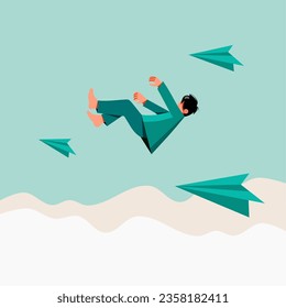 man falling from the sky with paper airplane vector illustration