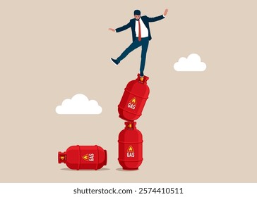 Man falling from stack of unstable gas cylinders. Unstable sale of gas products, risky situation. Modern flat vector illustration.