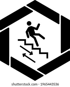 Concepto de Man Falling from Stairway, diseño de iconos vectores de escalones resbaladizas, señales de advertencia hexagonales en negro, etiqueta de seguridad y símbolo de peligro en el fondo blanco, ilustración de material de señalización de advertencia o advertencia