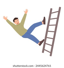 Man  falling from step ladder. Person slipping, falling down. Injury danger. Flat vector illustration isolated on white background