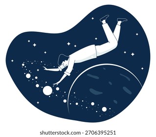 A man is falling through space with a planet in the background