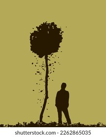 hombre y árbol en caída, silueta