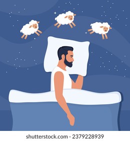 Man falls asleep, dreams, and counts sheep. Insomnia and sleep disorders. Guy lying on the bed, lambs are jumping around. Around the stars and dark space. Vector illustration