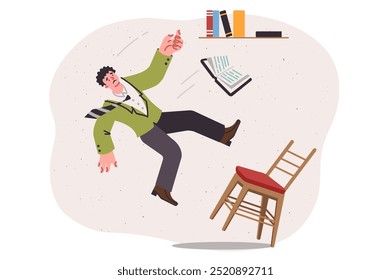 Man falls from chair, reaching for book located on shelf, and risks getting spinal fracture. Accident involving library patron who falls from chair due to poor behavior or broken furniture