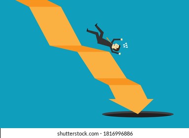 El hombre cae en el gráfico descendente en el abismo, ilustración vectorial de estilo plano