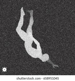 Man falls down from a height. 3D model of man. Black and white grainy dotwork design. Stippled vector illustration.