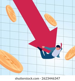 A man falls down hit by an arrow heading downwards. A metaphorical illustration for financial crisis, losses and inflation.