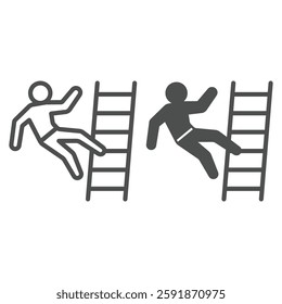 Man falls down from ladder line and solid icon, insurance event concept. Vector graphics. Human falling high risk sign on white background, outline style icon for mobile or web design