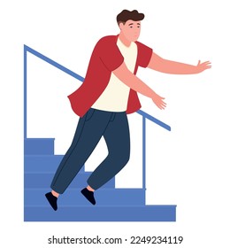 Man falls down stairs dangerous risk hazard caution accident vector flat illustration. Male falling trauma alert careful fail mistake slippery floor steps. Beware stumble warning injury bad fortune