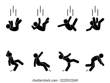 man falls icon, set of human silhouettes, slippery floor warning sign