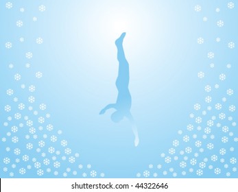 Man falls into the snowy abyss. It is winter. The background is blue.