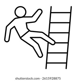 Man falls from ladder thin line icon, insurance event concept. Vector graphics. Human falling down, danger sign on white background, linear style for mobile or design