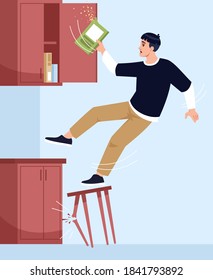 Man falls off chair semi flat vector illustration. Broken chair leg. Dining room. Opened wall cabinet with cereal inside. Light mess in kitchen 2D chartoon characters for commercial use