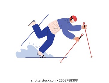 Man falls off skis, flat vector illustration isolated on white background. Person learns skiing and falls. Winter sport and vacation activities. Ski resort concept.