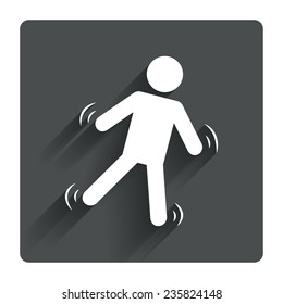 Man falls sign icon. Falling down human symbol. Caution slippery. Gray flat square button with shadow. Modern UI website navigation. Vector