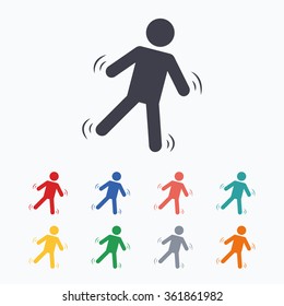 Man falls sign icon. Falling down human symbol. Caution slippery. Colored flat icons on white background.